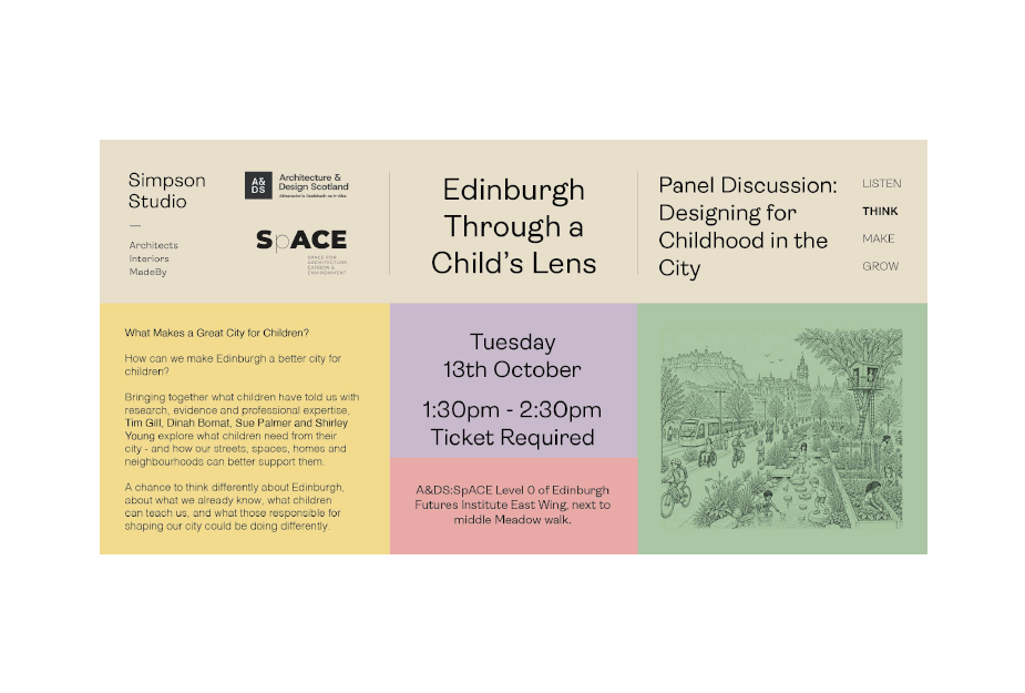 Event flyer for “Edinburgh Through a Child’s Lens,” featuring event details, date and time, venue, and children’s cityscape artwork.
