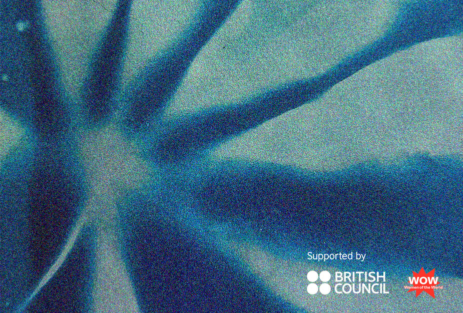 Abstract blue and teal radial pattern with logos of British Council and Women of the World (WOW) at the bottom right corner.